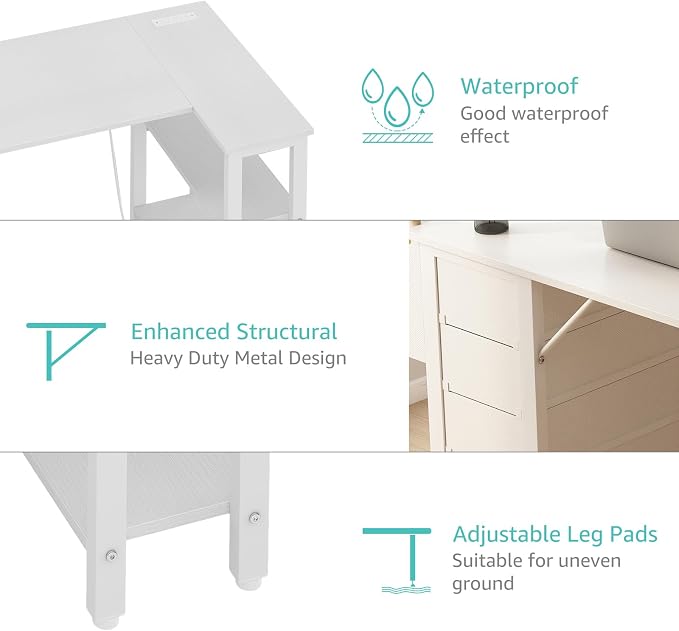 Lufeiya White L Shaped Computer Desk with Drawers & Storage Shelves, 47 Inch Corner Reversible Desk with Power Outlet for Home Office Bedroom, L-Shaped Teen PC Desks with Fabric Drawer, White - Image 9