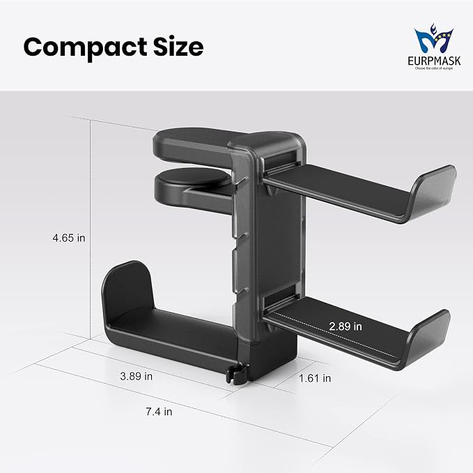 3-in-1 Headset&Controller Holder - EURPMASK Upgraded PC Gaming Headset Stand, Adjustable Clamp-on Headphone Holder,Headphone Controller Hook Under Desk w/ 360 Degree Swivel&Cable Clip Organizer-Black - Image 7
