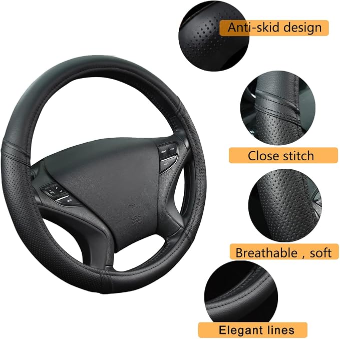 CAR PASS Leather Two Front Car Seat Cover; 4Pcs Waterproof Car Floor Mats & Steering Wheel Cover,Universal Fit Airbag Compatible Automotive Interior Covers (Combo Set, Black) - Image 7