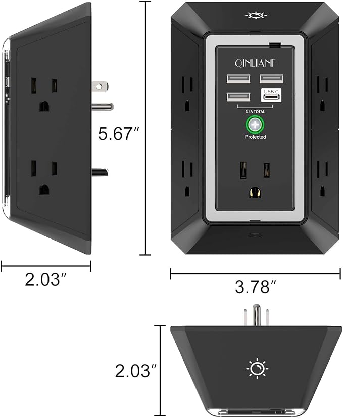 3-Sided Surge Protector Power Strip - QINLIANF Multi Plug Outlet with 5 Outlet Extender and 4 USB Ports(1 USB-C) and Night Light, USB Wall Charger for Home, Office, Travel, ETL Listed, Black - Image 7