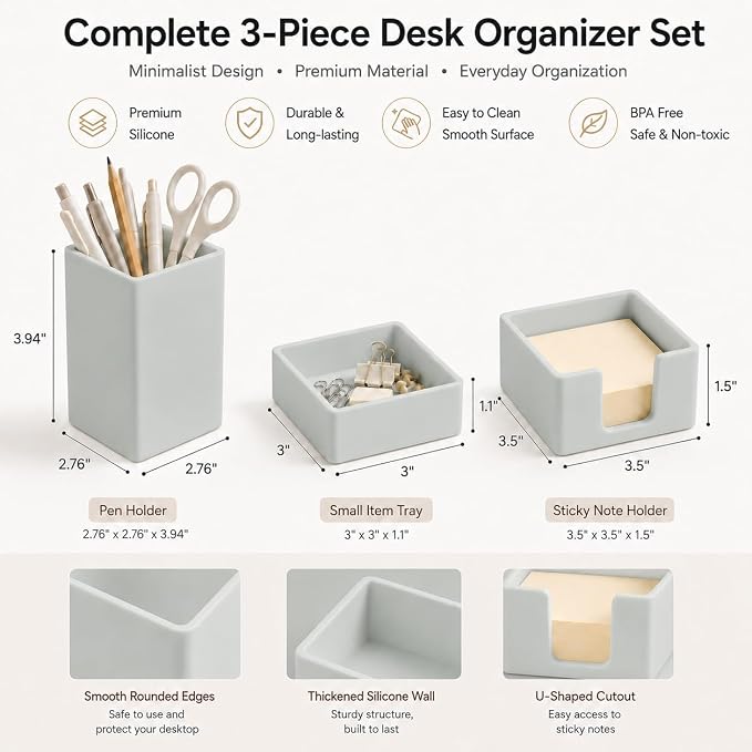 minimaliving Aesthetic Silicone Desk Organizer Set of 3,Modern Office Desk Accessories with Pen Holder,Paperclip Tray,Sticky Note Holder,Stylish Functional Office Desk Decor for Back-to-school(Grey) - Image 7