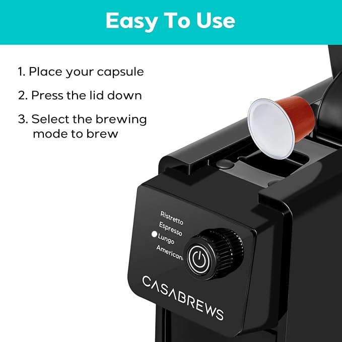 CASABREWS CM7036E 20Bar Espresso Machine for Nespresso Original Pods | Compact Capsule Coffee Machine with 21oz Removable Water Tank, Black Espresso Maker with 4 Brewing Modes for Home or Office - Image 8