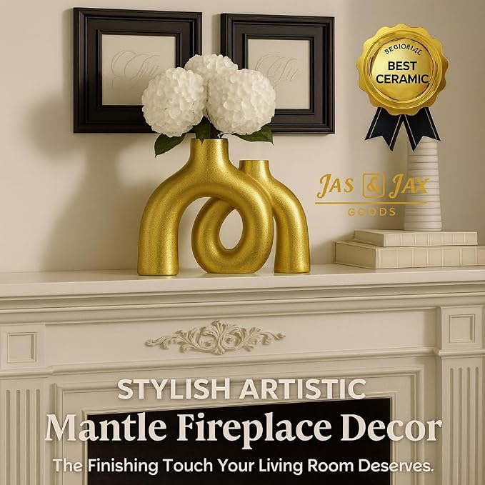 Gold Ceramic Vase Set - Modern Hug Donut Ceramic Vases by JAS & JAX GOODS, Minimalistic Nordic Home Decor Centerpiece for Console Tables, Living Room, Bookshelf, or Fireplace Mantel - Image 6