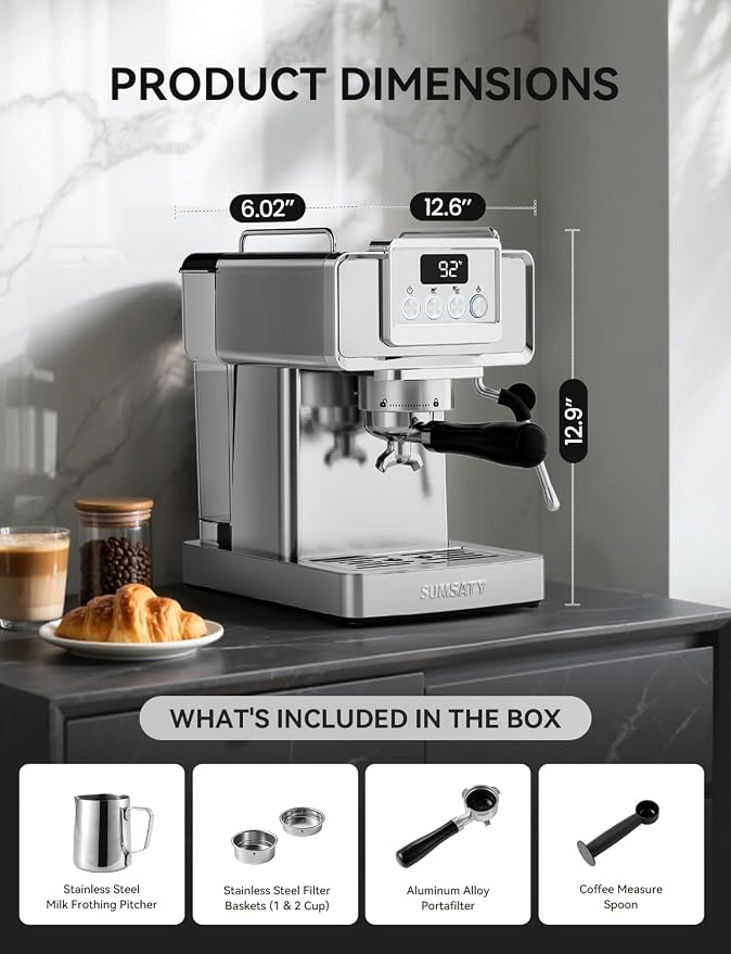 SUMSATY 20 Bar Espresso Machine Stainless Steel with Powerful Milk Frother | LED Display Espresso Coffee Machine 1350W Fast Heating Home Barista to Make Latte Cappuccino, Pre-Infusion, 61oz Water Tank - Image 6