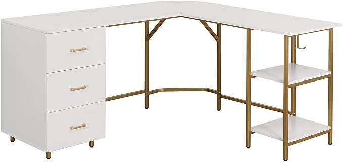 Techni Mobili 59" Two-Tone L‑Shaped Office Desk with Storage Shelves, Gold | 59" two‑tone L‑shaped desk with storage shelves, durable frame, modern corner workstation, spacious home office writing space - Image 9