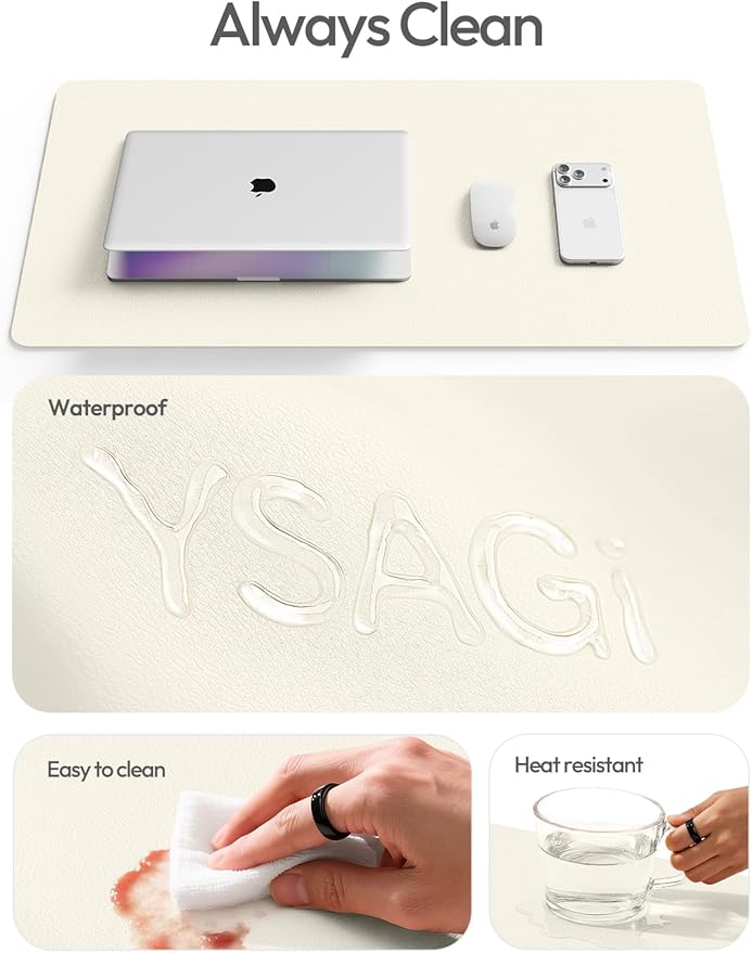 YSAGi Leather Desk Protector, Office Mat, Large Mouse Mat, Non-Slip PU Leather Blotter, Laptop Pad, Waterproof Writing Pad for Office and Home (Cream, 47" x 17") - Image 7