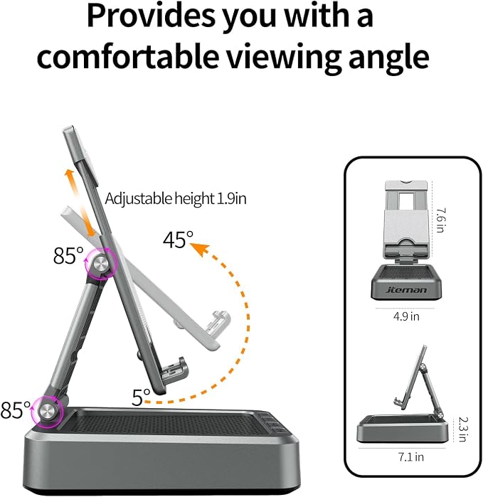 Jteman Wireless Bluetooth Speaker Tablet Stand, Adjustable with Bluetooth Speakers,Gifts for Women Men,Kitchen Gadget for Men,Compatible with Phones and Tablet (4.0-12.9'') - Graphite - Image 8