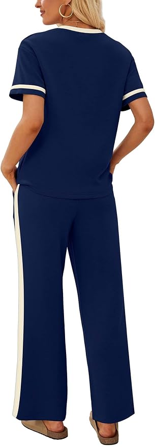 Sampeel 2 Piece Sets for Women Matching Sets Summer Outfits Resort Wear Short Sleeve Lounge Set Wide Leg Pants with Pockets - Image 5
