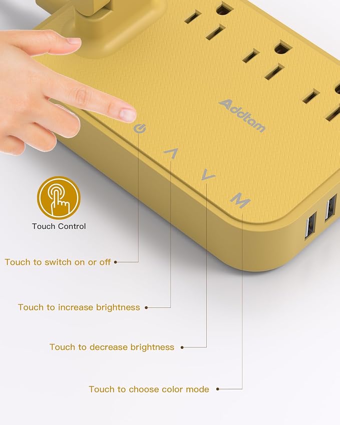 Addtam LED Desk Lamp, Power Strip with 3 Outlets 4 USB Charging Ports(2 USBC), 4 Modes 5 Level Brightness Touch Lamp, Small Desk Lamp for Home Office College Dorm Room Essentials, Yellow - Image 7