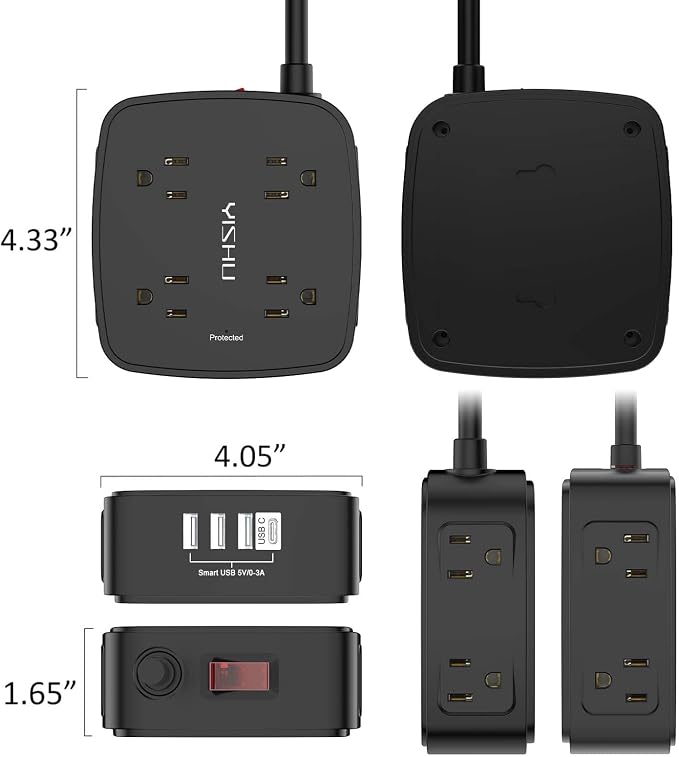 10 Ft Surge Protector Power Strip - 8 Widely Outlets with 4 USB Ports, 3 Side Outlet Extender with 10 Feet Extension Cord, Flat Plug, Wall Mount, Desk USB Charging Station, ETL, Black - Image 7