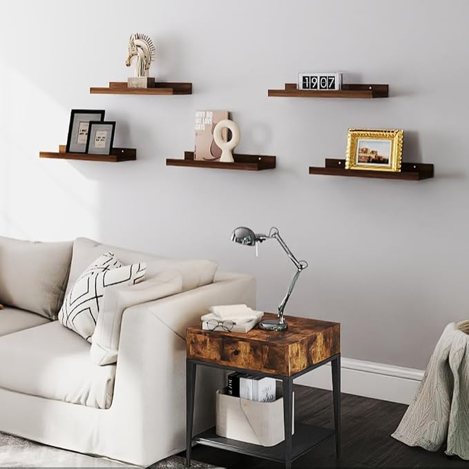 RICHER HOUSE 5-Set Floating Shelves with Lip, Walnut Wall Mounted Shelf | Display Picture Ledge Shelf, Anti-drop lip Shelf for Room Wall Decor, Bedroom Bathroom Storage Nursery Books, Easy Setup 16in - Image 7