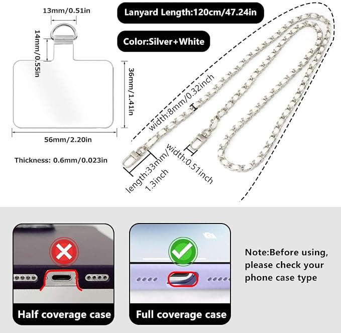 Phone Crossbody Chain Cell Phone Lanyard,Leather+Metal Shouder Strap Universal Cellphone Chain Strap with Tether Patches Compatible with Most Phones Bag Purse Silver+White - Image 8