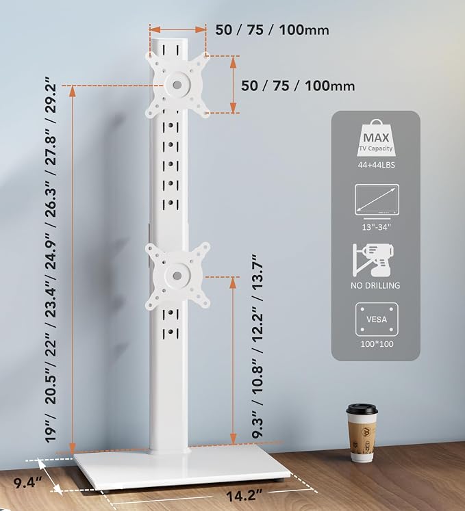 Dual Monitor Stand - Vertical Stack Screen Free-Standing Monitor Riser Fits Two 13 to 34 Inch Screen with Swivel, Tilt, Height Adjustable, Holds One (1) Screen up to 44Lbs HT05W-002 White - Image 8