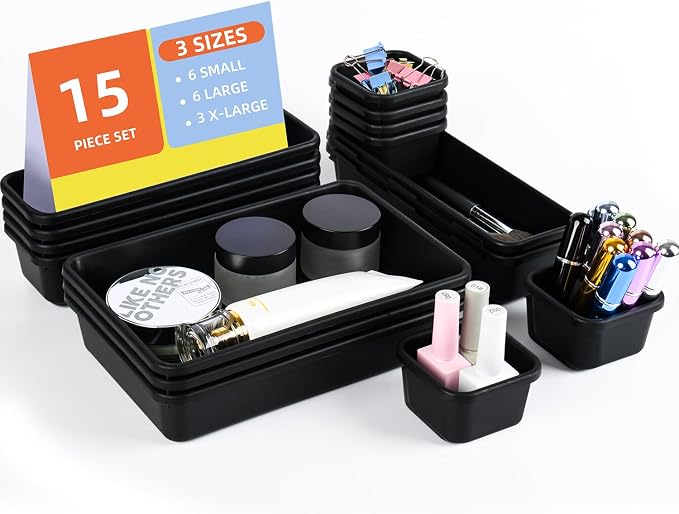 Kutesna 15PCS Interlocking Drawer Organizer, Plastic Desk Organizers Set | 3-Size Versatile Storage Bins,BPA-free, Non-slip, Fits Any Drawer for Cosmetics, Bathroom, Tools, Kitchen and Office, Black - Image 8