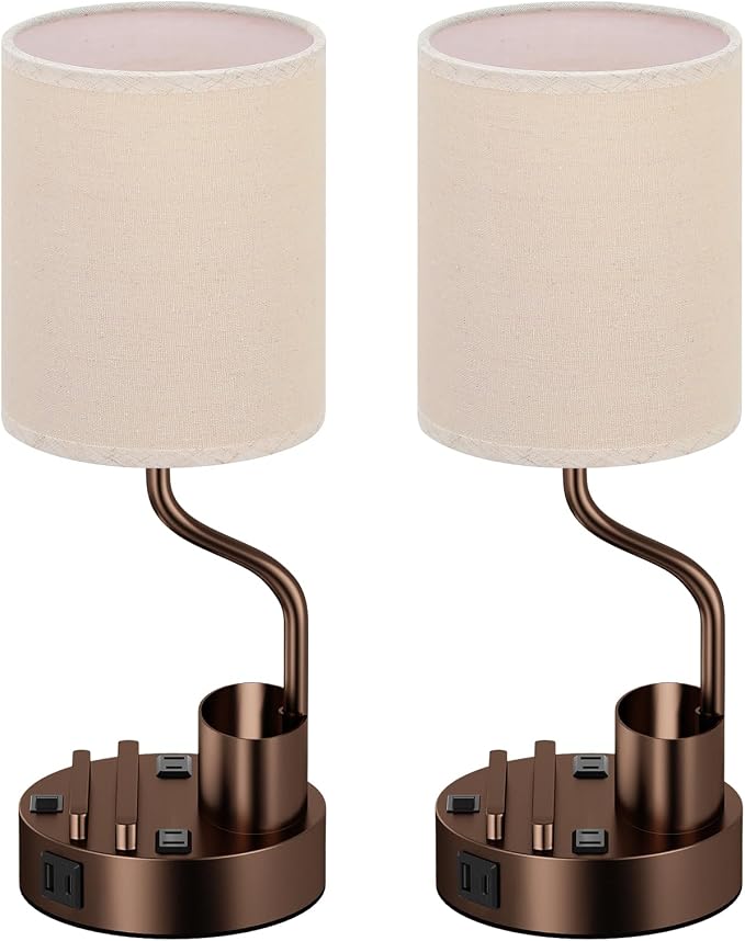Fenmzee Bedside Lamps for Bedroom Set of 2 - Table Desk Lamp for Nightstand | 15" Table Lamp for Living Room with Pen Holder & Phone Stand, USB A+C Port, AC Outlet, 3 Color Temperature, LED Bulb Included - Image 8