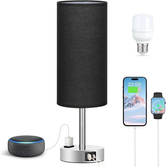 Black Bedroom Table Lamp for Bedside - 3 Way Dimmable Touch Lamp USB C A Charging Ports and AC Outlet, Small Desk Lamp for Nightstand for Living Room with Silver Base, Office Desk, LED Bulb Included - Image 6