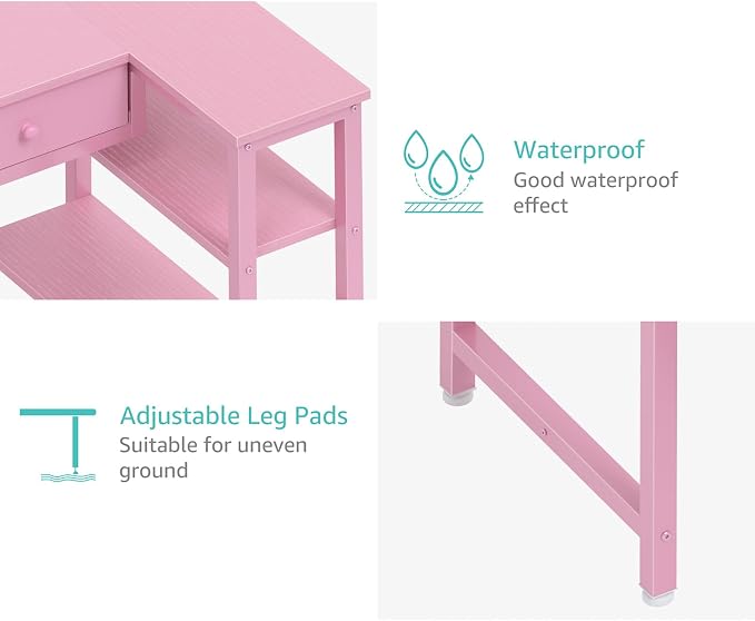 DLisiting Pink Reversible L Shaped Desk with Drawers and Shelves, Small Kids Study Vanity PC Computer Desk with Storage for Girls, Corner L-Shaped Desks for Small Space Bedroom - Image 9