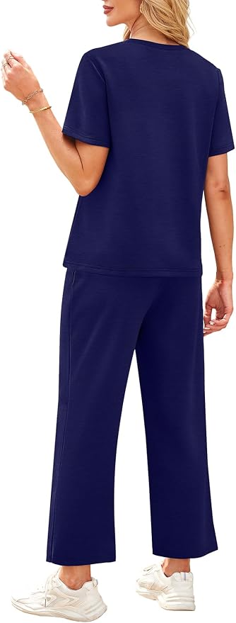 WIHOLL 2 Piece Sets for Women Casual Summer Travel Vacation Outfits Short Sleeve Wide Leg Crop Pants Lounge Sets - Image 5