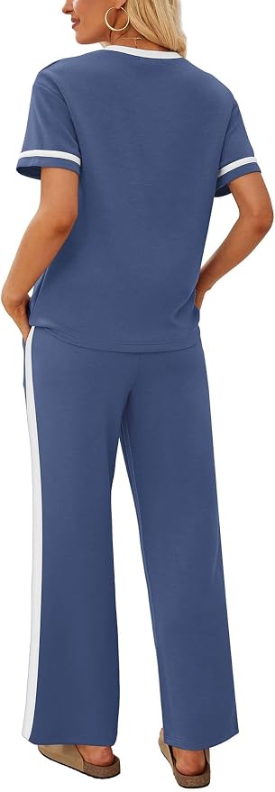Sampeel 2 Piece Sets for Women Matching Sets Summer Outfits Resort Wear Short Sleeve Lounge Set Wide Leg Pants with Pockets - Image 5