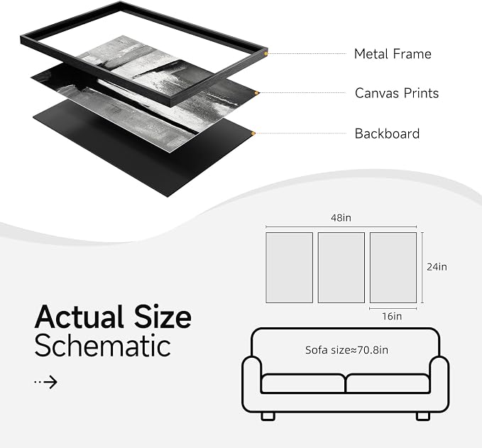 Framed Black and White Gray Modern Abstract Wall Art, Set of 3 Piece Big Canvas Paintings Artwork for Walls, Minimalist Art Prints Pictures for Living Room Hallway Bedroom Office Wall Decor 16x24 Inch - Image 7