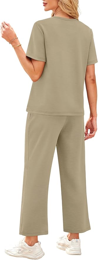 WIHOLL 2 Piece Sets for Women Casual Summer Travel Vacation Outfits Short Sleeve Wide Leg Crop Pants Lounge Sets - Image 5