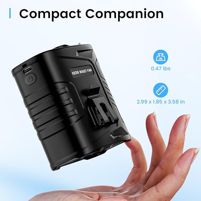 KIBEE Portable Waist Fan, 12500RPM Rechargeable Wearable Belt Clip Fan, Hands Free Cooling Fan for Outdoor Work, Construction, Hiking, Camping, Fishing, Long Battery Life Personal Cooling Device - Image 8
