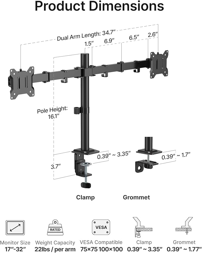 monTEK Heavy-Duty Dual Monitor Stand for 17-32", 22 lbs Each | Adjustable dual monitor mount, full-motion arms, clamp/grommet bases, cable management and VESA 75/100 - Image 8