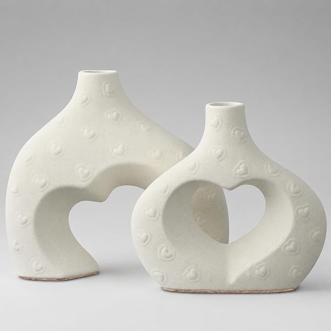 White Ceramic Flower Vases Table Decor Heart Shaped Vase Set of 2 | Nordic Heart Shaped Vases Minimalist Decorative Vase for Table Centerpiece Wedding Dining Living Room Office House Decoration - Image 8