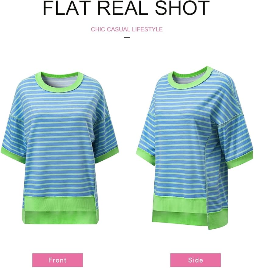 SHEWIN Womens Tops Casual Short Sleeve Sweatshirt Crewneck Striped Shirt Pullover T Shirts Loose Blouses - Image 5