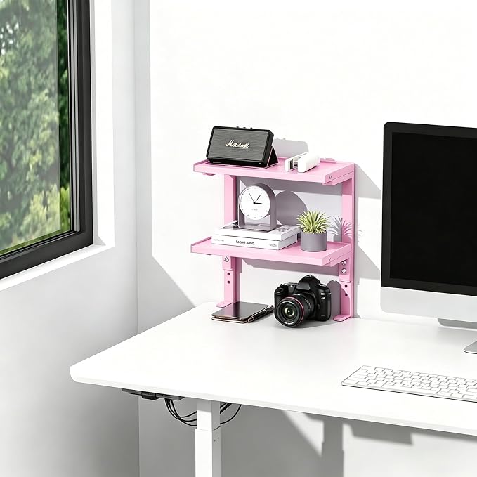 2-Tier Desk Shelf | Desk Organization Expandable Clamp on Desk Shelf Desktop Accessories for Offices and Game Rooms (Pink) - Image 7