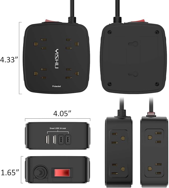 6 Ft Surge Protector Power Strip - 8 Widely Outlets with 4 USB Ports, 3 Side Outlet Extender with 6 Feet Extension Cord, Flat Plug, Wall Mount, Desk USB Charging Station, ETL,Black - Image 7