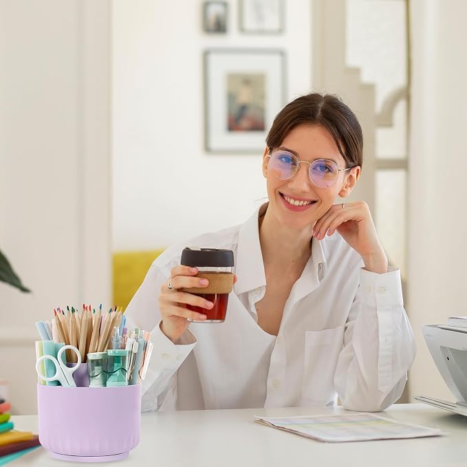 SKYDUE 360 Degree Rotating Desk Organizer, Dual-Purpose Pencil Pen Holder for Desktop, Rotating Desk Pen Organizer with 5 Slots Purple - Image 7