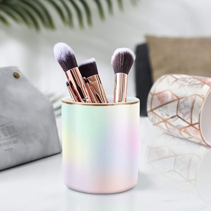 Cute Pen Holder for Desk, Pencil Cup Holder Desktop Stationery Makeup Brush Organizer Decor for Teen Girls Durable Ceramic Desk Organizer for Office, Classroom, Home, Colorful - Image 9