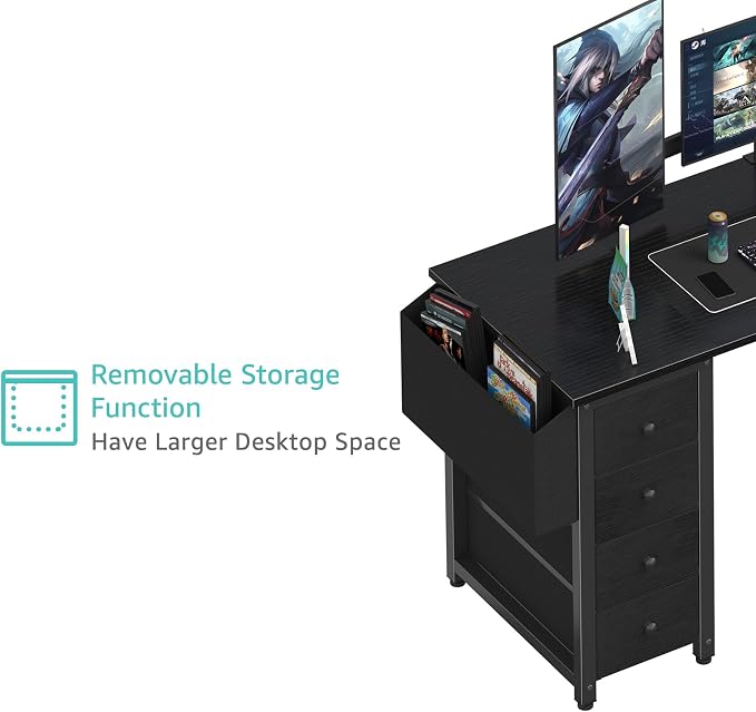 Lufeiya L Shaped Gaming Desk with Drawers & Storage Shelves, 55 Inch Corner Computer Desk with Power Outlet for Home Office Bedroom, L-Shaped Teen PC Desks with Fabric Drawer, Black - Image 9