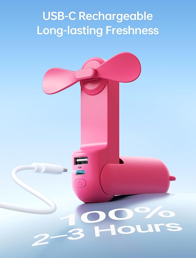 JISULIFE 3 IN 1 Handheld Mini Fan - Portable Fan & Power Bank & Flashlight, 19H Max Cooling, USB Rechargeable, Pocket-Sized for Travel, Cruise, Concerts, Makeup, 2026 Summer Gifts for Women(Fuchsia) - Image 9