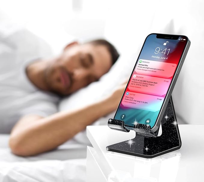 Crpich Acrylic Cell Phone Stand, Portable Phone Holder, Phone Stand for Desk, Compatible with Phone16 15 14 13 12 Pro Max Mini 11 Xr 8 Plus SE, Switch, Android Smartphone, Pad, Tablet, Glitter Black - Image 7
