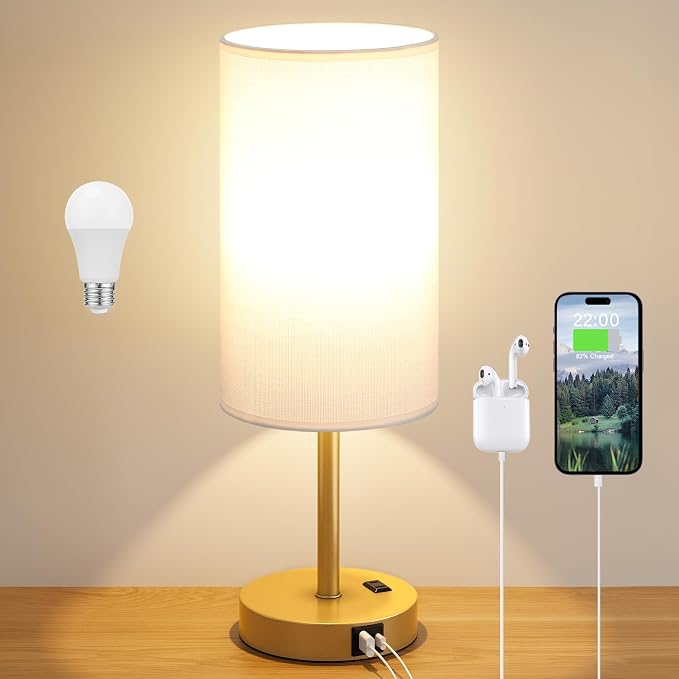 Dicoool 17.4" Bedside Lamp for Bedroom - Dimmable Touch, USB A+C, AC Outlet | LED Bulb Included, 3-Way Dimmable, 17.4" Table Lamp for Living Room, Dorm, White Fabric Lampshade, Gold Metal Base - Image 7
