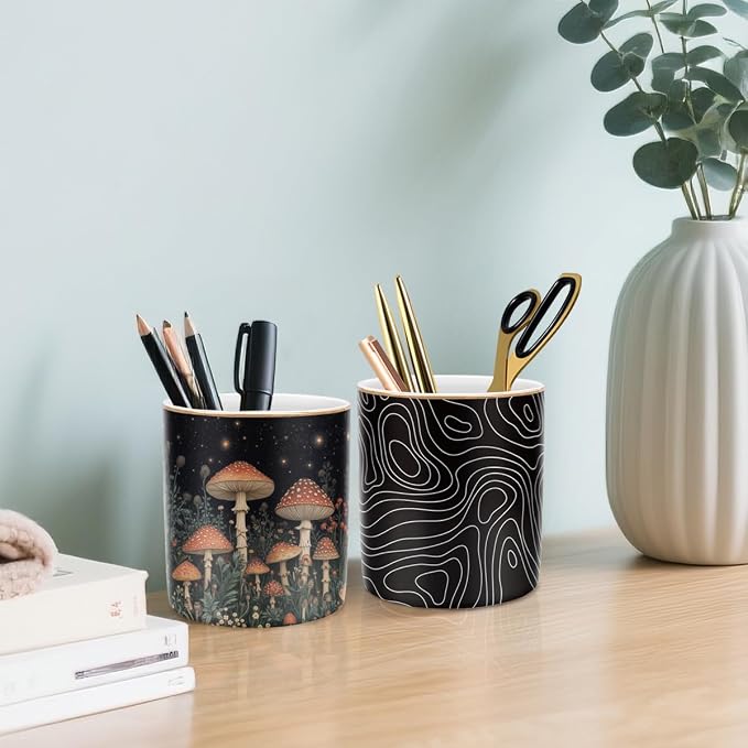 Cute Pen Pencil Holder for Desk, Durable Ceramic Organizer Decor for Room, Office, Classroom, Mushroom Pattern - Image 7
