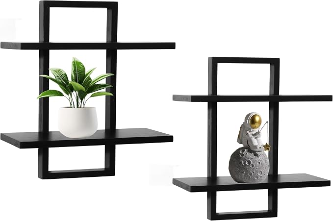 PHOENANCEE Floating Shelves for Wall,Display Hanging Shelf Set of 2,Modern Decorative Plants Shelves,Wood Home Decor Storage Chic for Living Room Bedroom Bathroom Office,Oak Frame,2-Tier Black - Image 8
