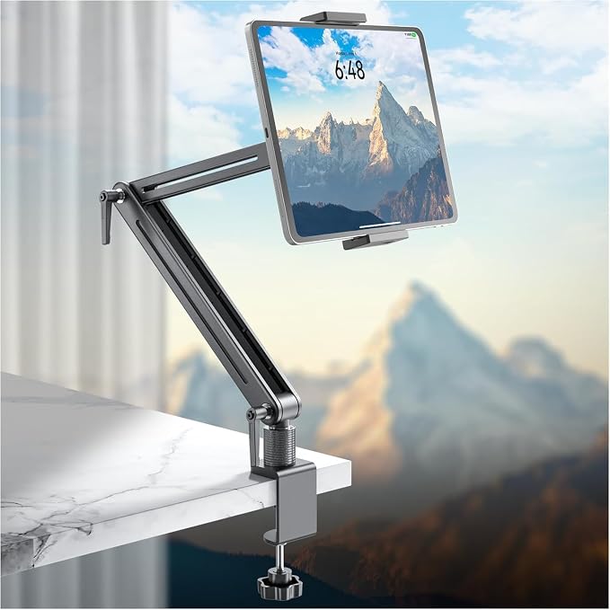Jakeko Adjustable Tablet Mount for Desk - 360 Degree Rotating Base Tall Arm Holder Stand Swivel Flexible Clamp Soporte para Tablet/Portable Monitor/Ebook - Image 8