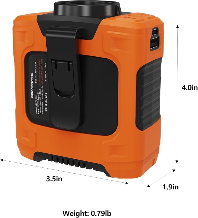 Waist Fan, 10000mAh Rechargeable Belt Clip Fan, 24H Runtime, 49ft/s Strong Airflow, 3-Speed 7-in-1 Hands-Free Personal Fan with Bottom Air Intake and LED SOS Light for Jobsite Outdoor Work - Image 7