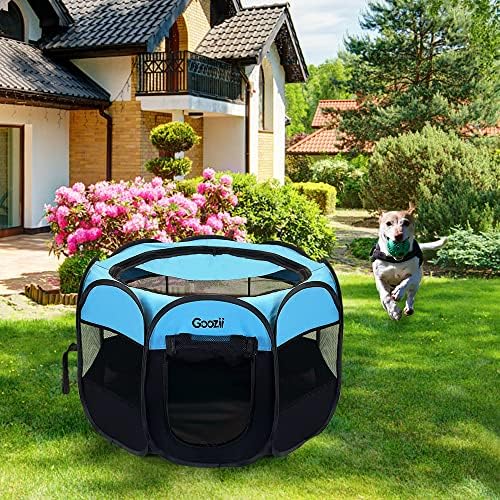 GOOZII Dog Playpen Portable Collapsible, Indoor Outdoor Pet Puppy Exercise Playpens Case with Zipper Door Top Cover Floor for Large Cat Rabbit Travel Camping (Small Size, Black/Blue) - Image 7