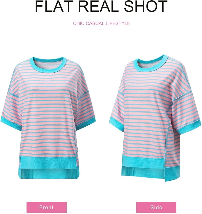 SHEWIN Womens Tops Casual Short Sleeve Sweatshirt Crewneck Striped Shirt Pullover T Shirts Loose Blouses - Image 7
