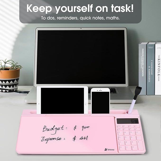 Varhomax Glass Desk Whiteboard Pink with Calculator, Desktop Dry Erase White Board with Storage, to Do List Memo Notepad for Home and Office - Image 7