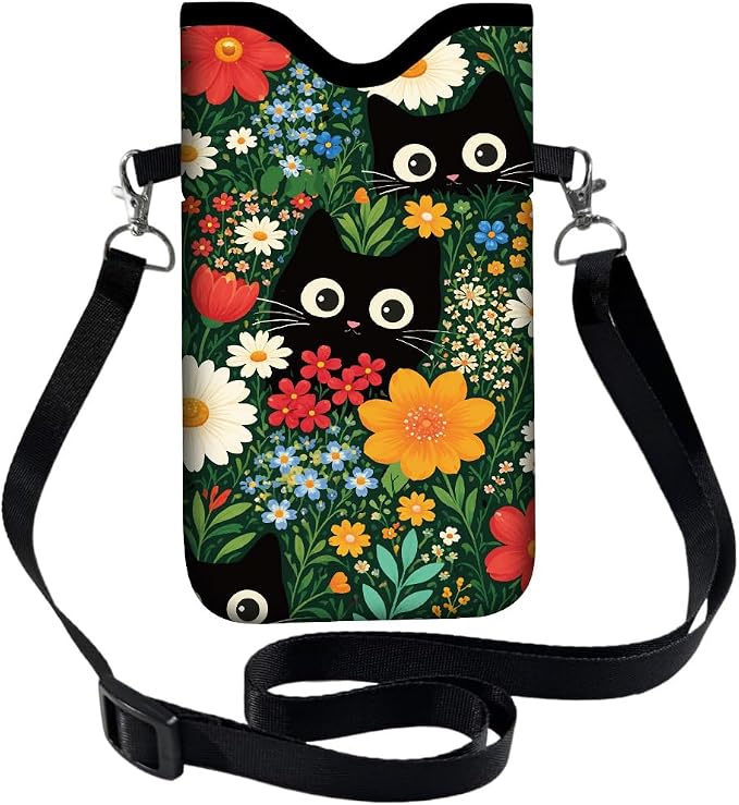 Cat Phone Pouch with Adjustable Strap Neck Lanyard Fits Most Smartphones 7.1 x 3.9 Inch Phone Crossbody Sleeve Black Cat Flower Pattern Neoprene Nylon Cellphone Carrying Case for Women Men - Image 9