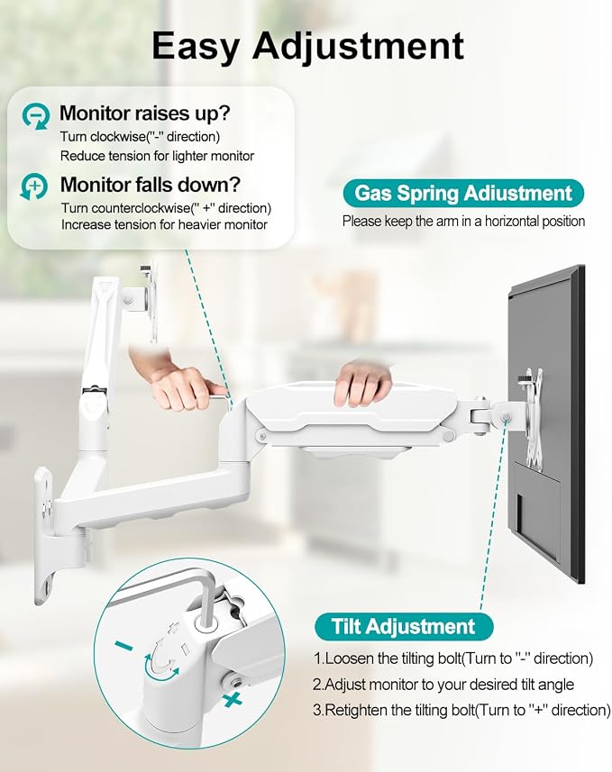 MOUNT PRO Dual Monitor Wall Mount for 13 to 32 Inch Computer Screens, Gas Spring Wall Monitor Arm for 2 Monitors, Each Holds Up to 19.8lbs, Adjustable Wall Monitor Mount with VESA 75x75/100x100, White - Image 9