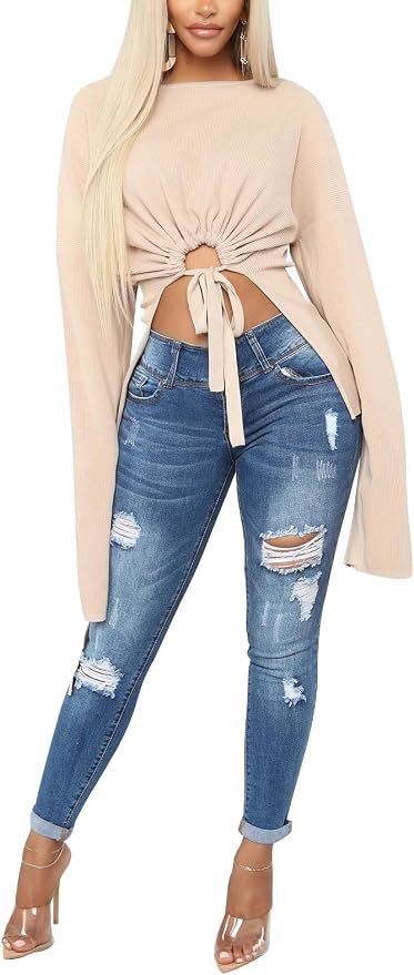 KUNMI Women's Skinny Ripped Trendy Jeans Distressed Stretchy Denim Pants - Image 5