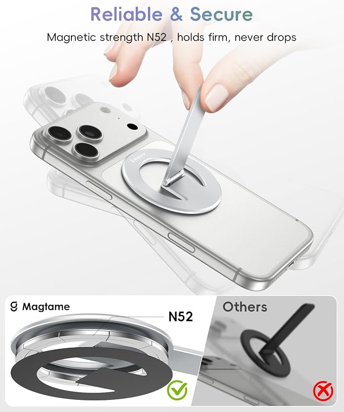Magnetic Phone Stand Grip, 3-in-1 for MagSafe Phone Holder & Kickstand, Durable Silver Aluminum Grip, Ultra-Slim 2mm, 360° Rotation, Detachable for MagSafe Charging, Works with iPhone 17–12 - Image 8