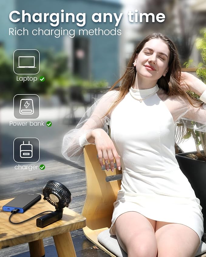 EasyAcc Handheld Fan Portable Rechargeable, Ultra Quiet &180° Foldable & Up 10 Hours & 3 Speeds Powered Personal Battery Foldable Adjustable Fan Home Travel Outdoor Office Black - Image 8