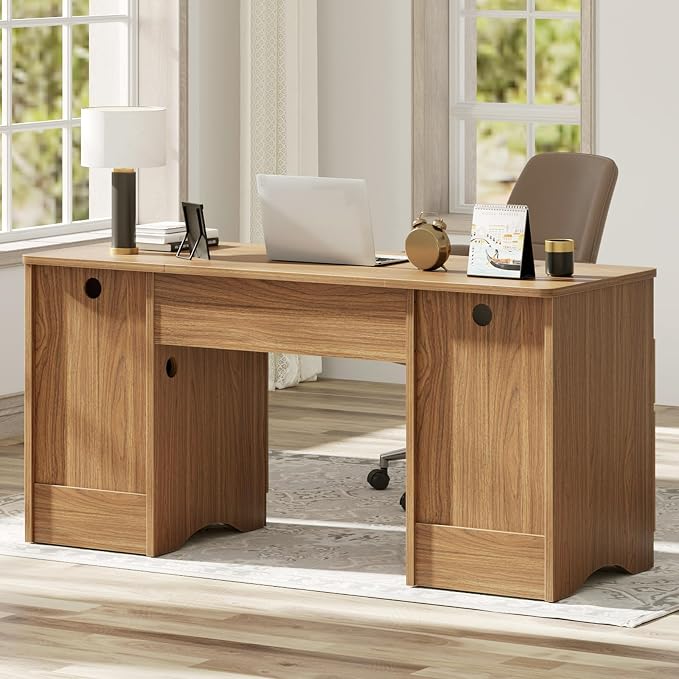 Bestier 59 inch Computer Desk with 2 Drawers, Office Desk with Storage File Cabinet and 2 Open Storage Shelves, Modern Fluted Executive Desk for Home Office Bedroom, Brown Oak - Image 8
